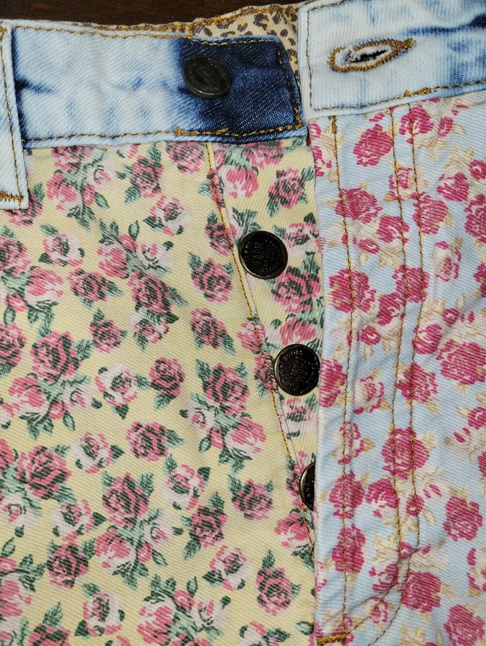 Anthropologie Patchwork Floral Denim Shorts - Blue, Yellow, Pink - Picture 4 of 6